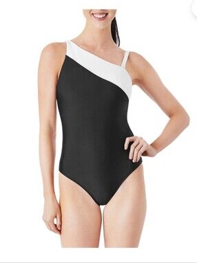 Asymmetric Black and White One-Shoulder One-Piece Swimsuit